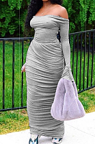 Grey Off Shoulder One Word led Flare Sleeve Ruffle Sexy Dress SMD82075-2