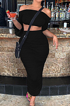 Black Off Shoulder One Word led Flare Sleeve Ruffle Sexy Dress SMD82075-1