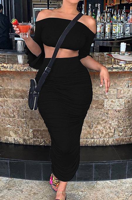 Black Off Shoulder One Word led Flare Sleeve Ruffle Sexy Dress SMD82075-1