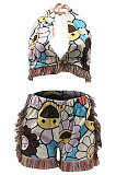 Sun Printing Tassel Vest Sleeveless Sexy Navel Exposure Tops Shorts Sets MLM9073-4