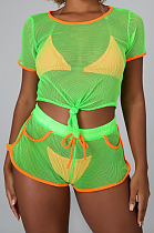 Green Fashion Sexy Line Net Yarn Spliced Short Sleeve Shorts Sets SMR10104-2