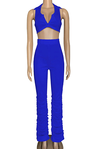 Peacock Blue Sexy Zipper Sleeveless Ruffle Long Pants Sets WM2610-2