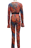 Orange Euramerican Sexy Net Yarn Print Spliced Two Piece SMR10141-3