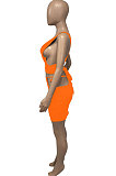 Orange Euramerican Women Pure Color Bandage Hollow Out Sexy Skirts Sets Q903-2