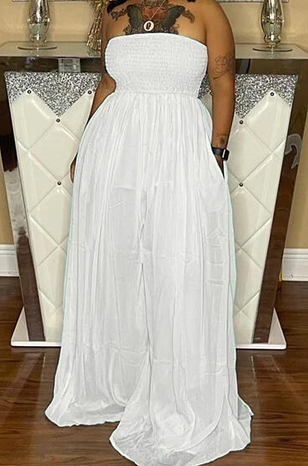 White Fashion Sexy Boot Tube Top Shirred Detail Wide Leg Jumpsuits DN8615-2