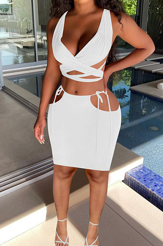 White Euramerican Women Pure Color Bandage Hollow Out Sexy Skirts Sets Q903-1