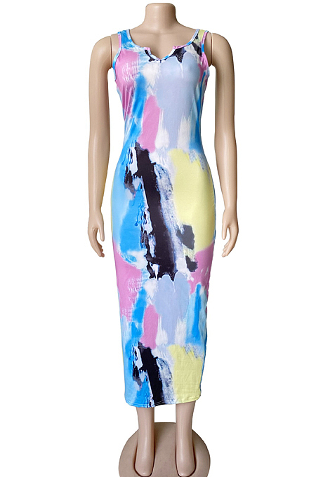 Color Ink Graffiti Print Sexy V Neck Tank Dress WM2164-1
