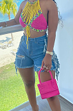 Light Summer Casual Water Washing Hole Tassel Jeans Shorts W8393