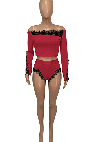 Red Euramerican Women Lace Screw Thread Spliced A Word Shoulder Sexy Shorts Sets Q913-1