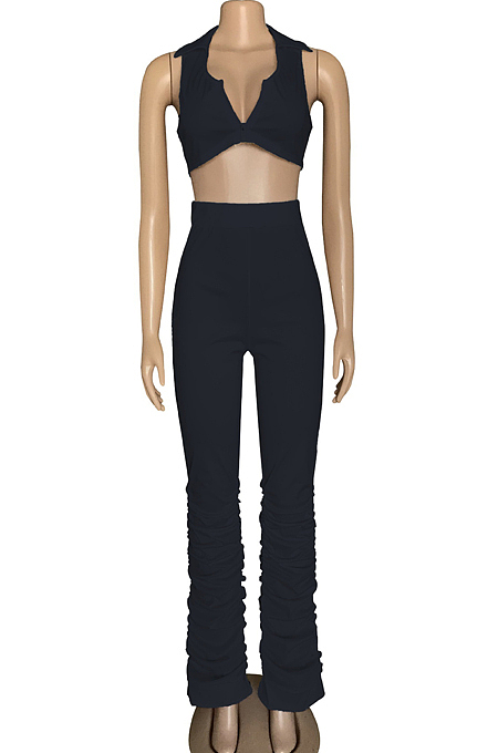 Black Sexy Zipper Sleeveless Ruffle Long Pants Sets WM2610-1