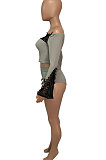 Gray Euramerican Women Lace Screw Thread Spliced A Word Shoulder Sexy Shorts Sets Q913-2