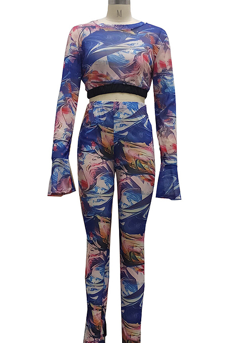 Blue Euramerican Sexy Net Yarn Print Spliced Two Piece SMR10141-1