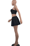 Black Summer Fashion Sling Tank Pleated Skirt Tennis Sets W8392-3