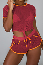 Wine Red Fashion Sexy Line Net Yarn Spliced Short Sleeve Shorts Sets SMR10104-4