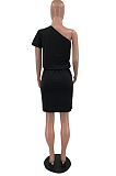 Black Summer One Shoulder Mid Waist Sexy Loose Pure Color Dress TD80050-2
