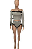Gray Euramerican Women Lace Screw Thread Spliced A Word Shoulder Sexy Shorts Sets Q913-2