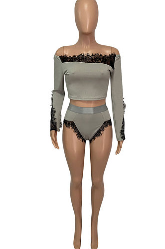 Gray Euramerican Women Lace Screw Thread Spliced A Word Shoulder Sexy Shorts Sets Q913-2