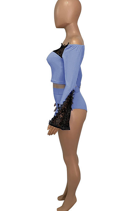 Blue Euramerican Women Lace Screw Thread Spliced A Word Shoulder Sexy Shorts Sets Q913-3