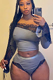 Gray Euramerican Women Lace Screw Thread Spliced A Word Shoulder Sexy Shorts Sets Q913-2