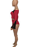 Red Euramerican Women Lace Screw Thread Spliced A Word Shoulder Sexy Shorts Sets Q913-1