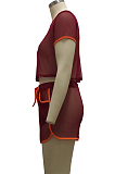 Wine Red Fashion Sexy Line Net Yarn Spliced Short Sleeve Shorts Sets SMR10104-4