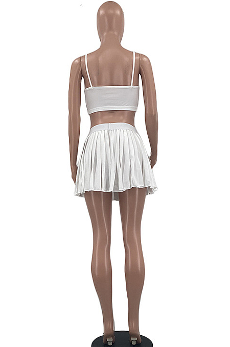 White Summer Fashion Sling Tank Pleated Skirt Tennis Sets W8392-1