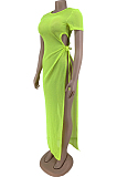 Neon Green Net Yarn Perspective High Open Fork Sexy Dress DN8614-1