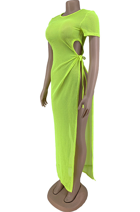 Neon Green Net Yarn Perspective High Open Fork Sexy Dress DN8614-1