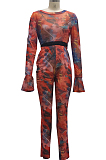 Orange Euramerican Sexy Net Yarn Print Spliced Two Piece SMR10141-3