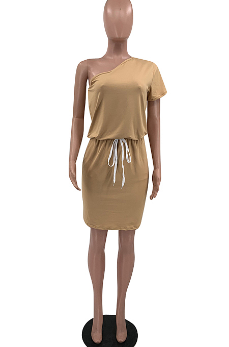 Light Yellow Summer One Shoulder Mid Waist Sexy Loose Pure Color Dress TD80050-1