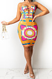 Orange Euramerican Women Fashion Printing Sexy Chest Wrap Mini Dress HYM86811
