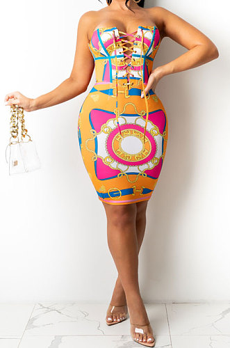 Orange Euramerican Women Fashion Printing Sexy Chest Wrap Mini Dress HYM86811