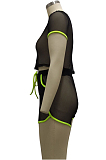 Black Fashion Sexy Line Net Yarn Spliced Short Sleeve Shorts Sets SMR10104-3