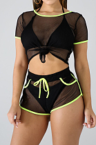 Black Fashion Sexy Line Net Yarn Spliced Short Sleeve Shorts Sets SMR10104-3