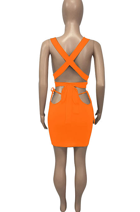 Orange Euramerican Women Pure Color Bandage Hollow Out Sexy Skirts Sets Q903-2