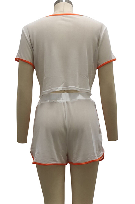 White Fashion Sexy Line Net Yarn Spliced Short Sleeve Shorts Sets SMR10104-1