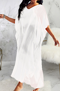 White Summer Fashion Pearl Chiffon Prevent Bask In Dress SMR10091-1
