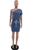 Navy Blue Summer One Shoulder Mid Waist Sexy Loose Pure Color Dress TD80050-3