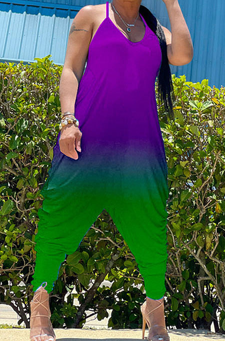Gradient Purple Green Women Sexy Gradient Printing Casual Jumpsuits PY826-3