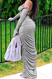 Grey Off Shoulder One Word led Flare Sleeve Ruffle Sexy Dress SMD82075-2