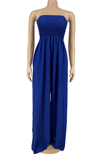 Blue Fashion Sexy Boot Tube Top Shirred Detail Wide Leg Jumpsuits DN8615-1