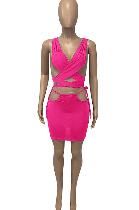 Rose Red Euramerican Women Pure Color Bandage Hollow Out Sexy Skirts Sets Q903-4