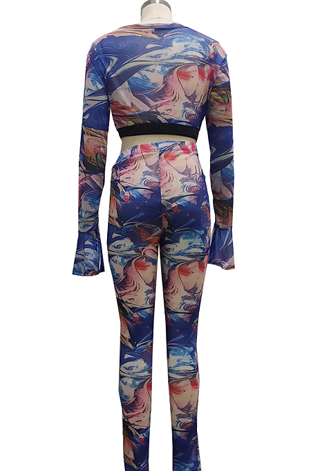 Blue Euramerican Sexy Net Yarn Print Spliced Two Piece SMR10141-1