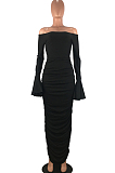 Black Off Shoulder One Word led Flare Sleeve Ruffle Sexy Dress SMD82075-1