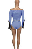 Blue Euramerican Women Lace Screw Thread Spliced A Word Shoulder Sexy Shorts Sets Q913-3