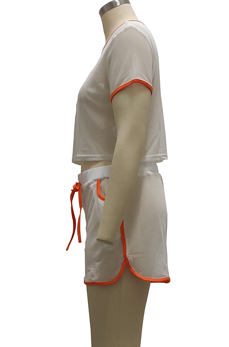 White Fashion Sexy Line Net Yarn Spliced Short Sleeve Shorts Sets SMR10104-1