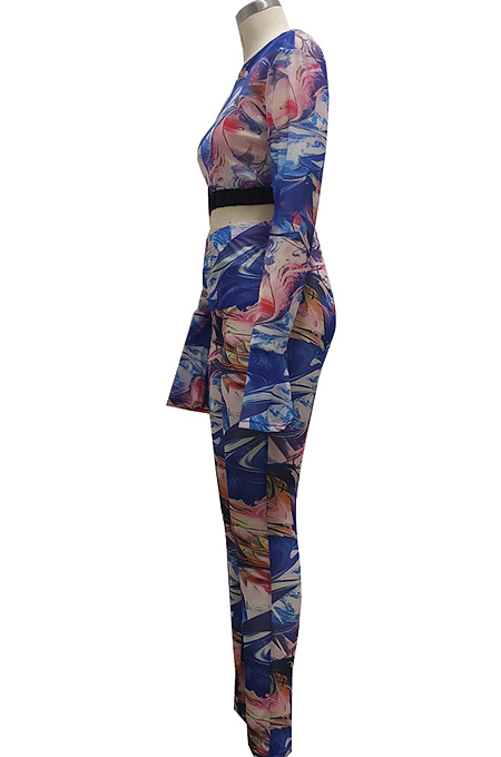 Blue Euramerican Sexy Net Yarn Print Spliced Two Piece SMR10141-1