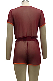 Wine Red Fashion Sexy Line Net Yarn Spliced Short Sleeve Shorts Sets SMR10104-4