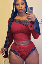 Red Euramerican Women Lace Screw Thread Spliced A Word Shoulder Sexy Shorts Sets Q913-1