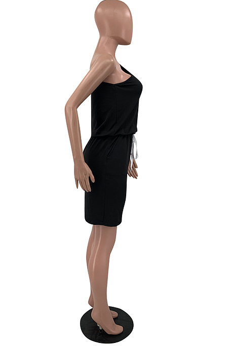 Black Summer One Shoulder Mid Waist Sexy Loose Pure Color Dress TD80050-2